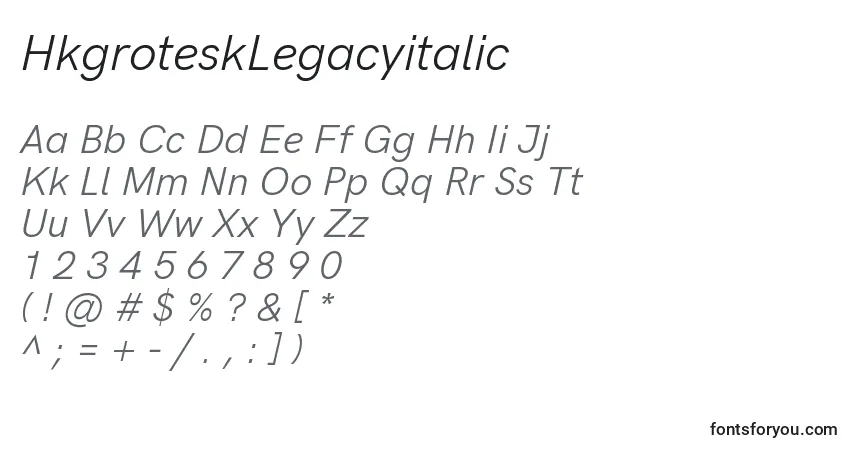A fonte HkgroteskLegacyitalic – alfabeto, números, caracteres especiais