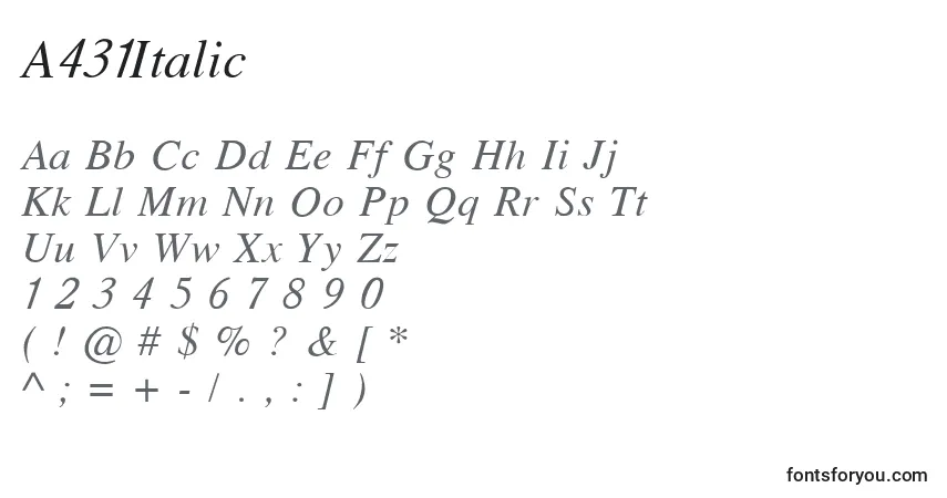 A fonte A431Italic – alfabeto, números, caracteres especiais