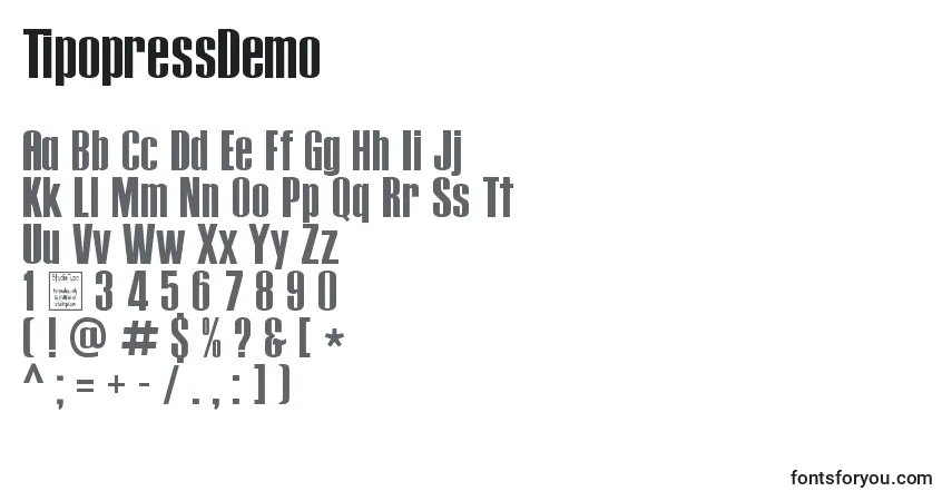 TipopressDemo-fontti – aakkoset, numerot, erikoismerkit