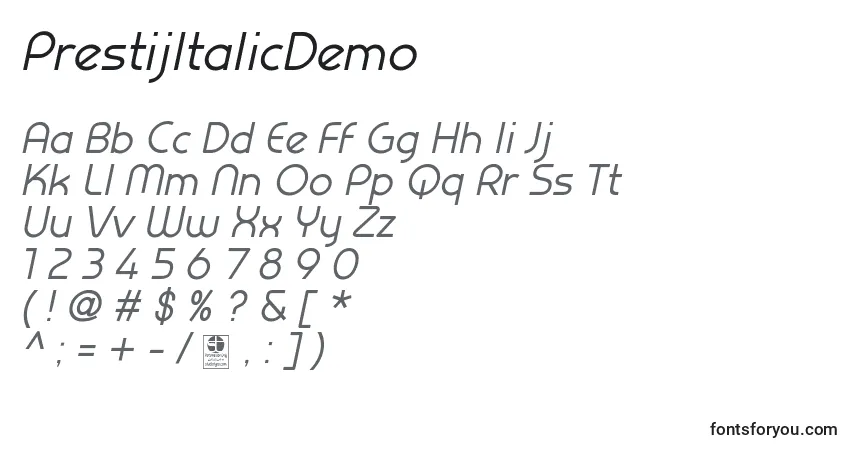 Шрифт PrestijItalicDemo – алфавит, цифры, специальные символы