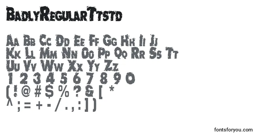 Czcionka BadlyRegularTtstd – alfabet, cyfry, specjalne znaki