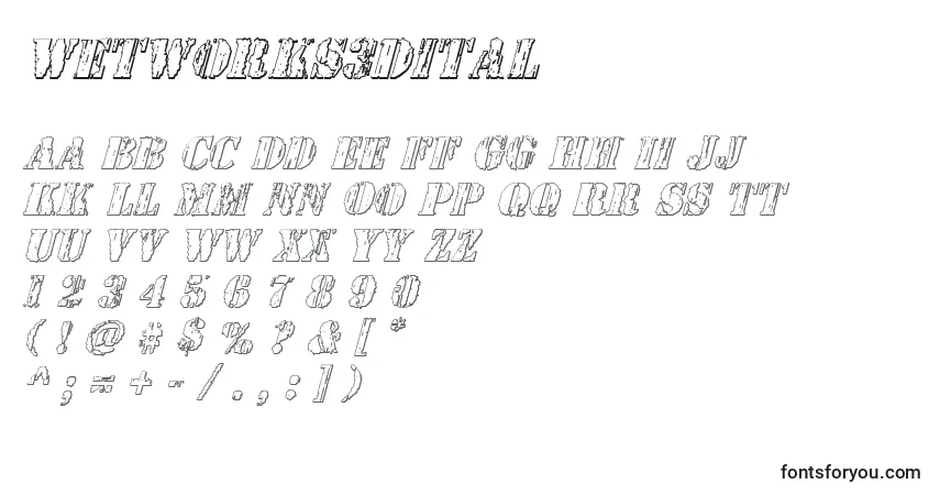 Шрифт Wetworks3Dital – алфавит, цифры, специальные символы