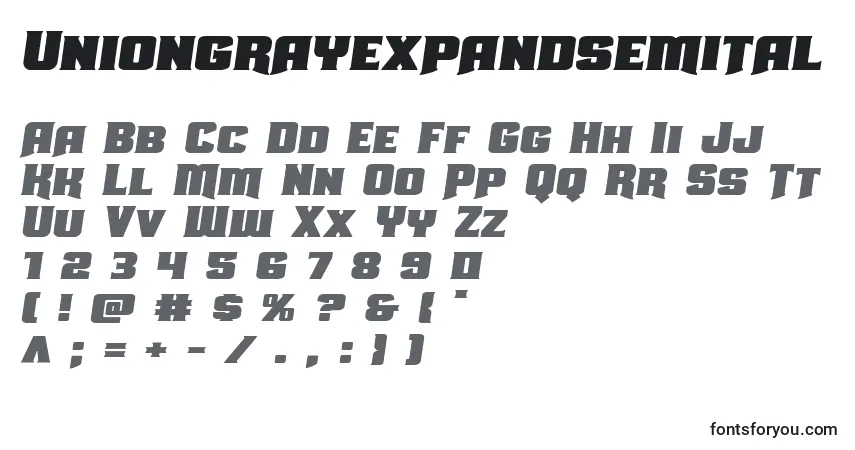 Czcionka Uniongrayexpandsemital – alfabet, cyfry, specjalne znaki