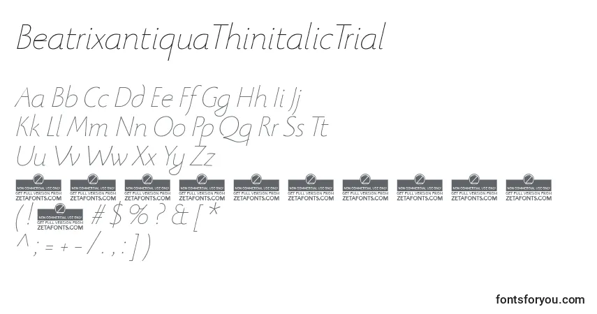 A fonte BeatrixantiquaThinitalicTrial – alfabeto, números, caracteres especiais
