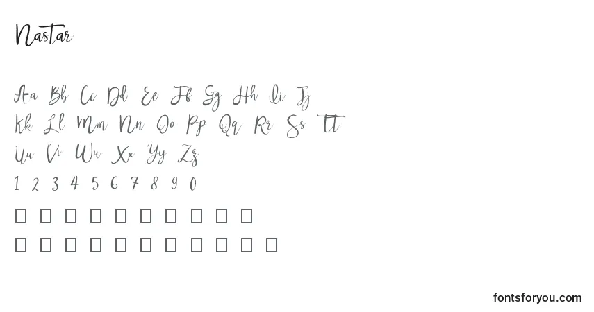 A fonte Nastar (74166) – alfabeto, números, caracteres especiais