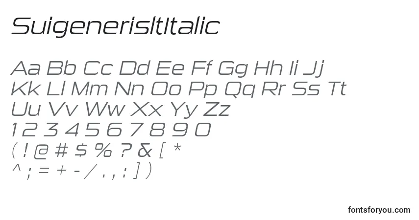 Czcionka SuigenerisltItalic – alfabet, cyfry, specjalne znaki