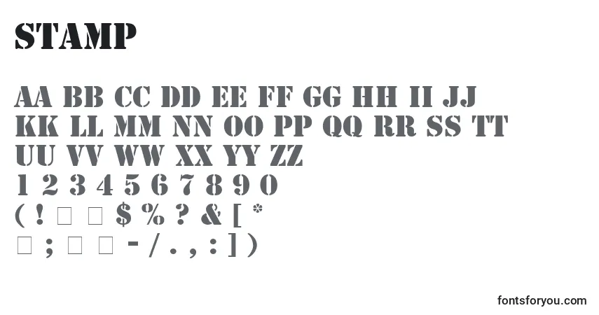 A fonte Stamp – alfabeto, números, caracteres especiais