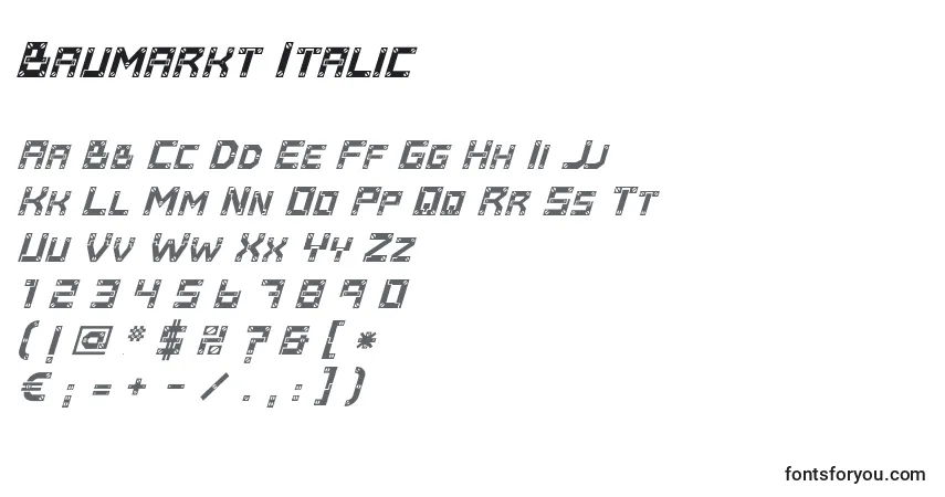 Schriftart Baumarkt Italic – Alphabet, Zahlen, spezielle Symbole