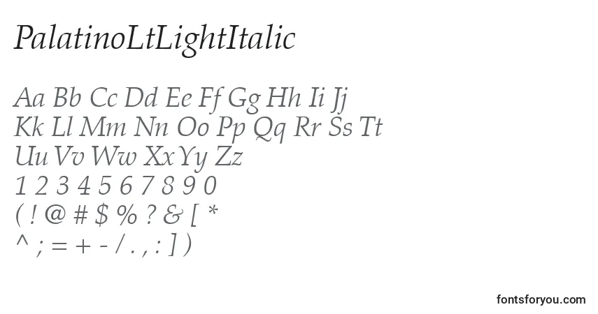 Czcionka PalatinoLtLightItalic – alfabet, cyfry, specjalne znaki