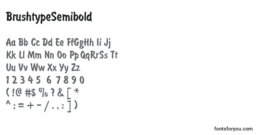 A fonte BrushtypeSemibold – alfabeto, números, caracteres especiais