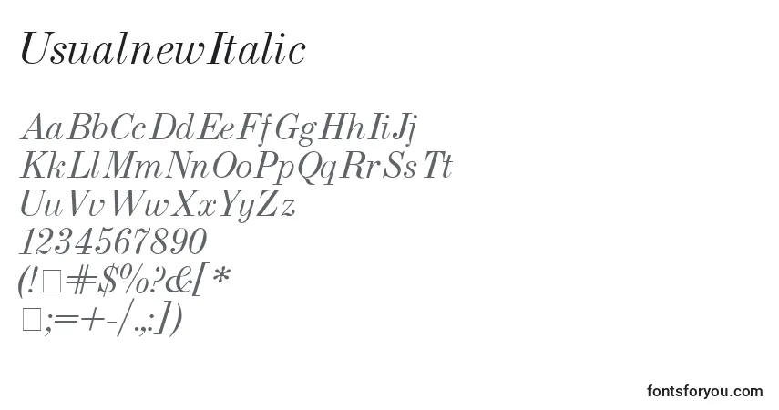 Czcionka Usualnew Italic – alfabet, cyfry, specjalne znaki