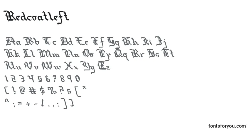 Czcionka Redcoatleft – alfabet, cyfry, specjalne znaki