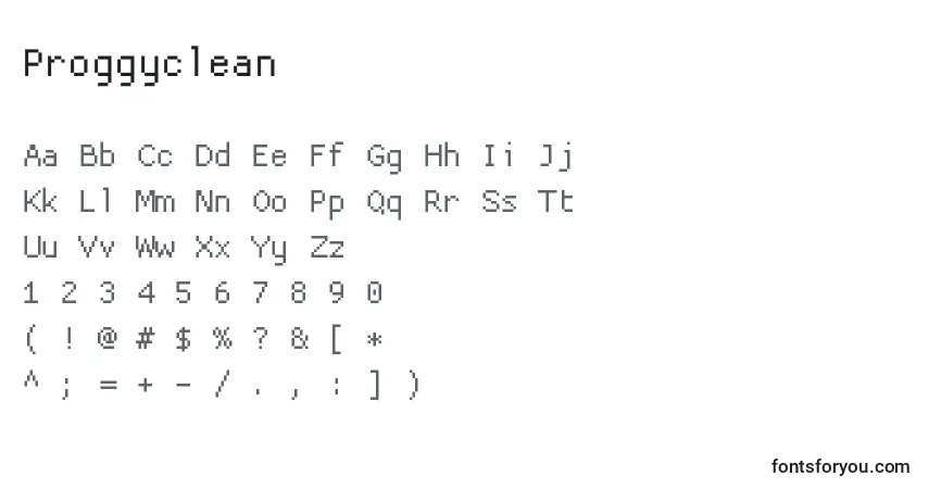 Czcionka Proggyclean – alfabet, cyfry, specjalne znaki