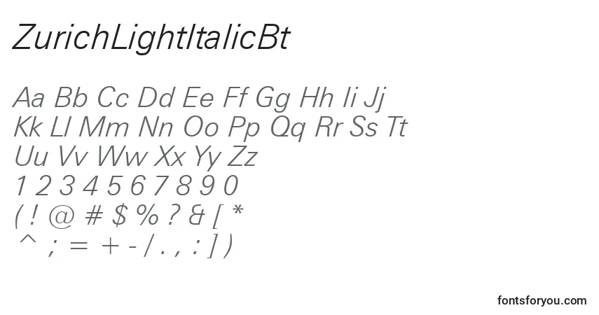 A fonte ZurichLightItalicBt – alfabeto, números, caracteres especiais