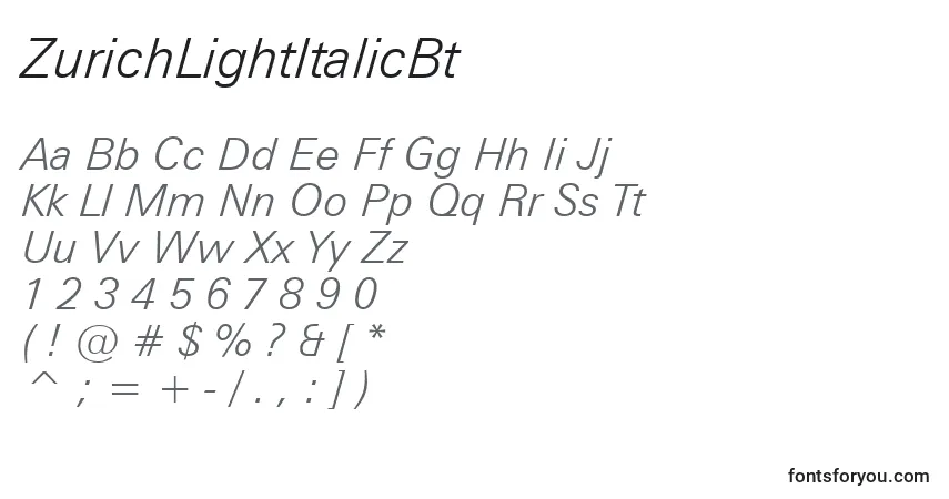 Police ZurichLightItalicBt - Alphabet, Chiffres, Caractères Spéciaux