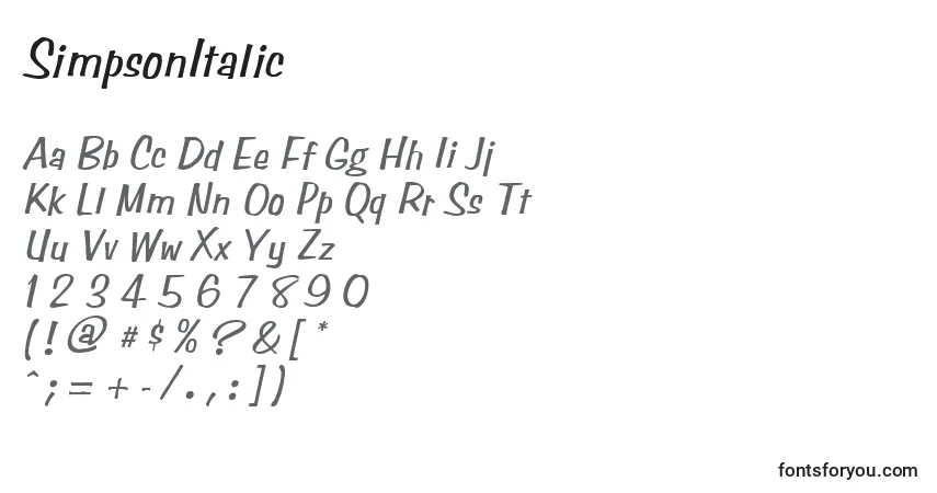 SimpsonItalicフォント–アルファベット、数字、特殊文字
