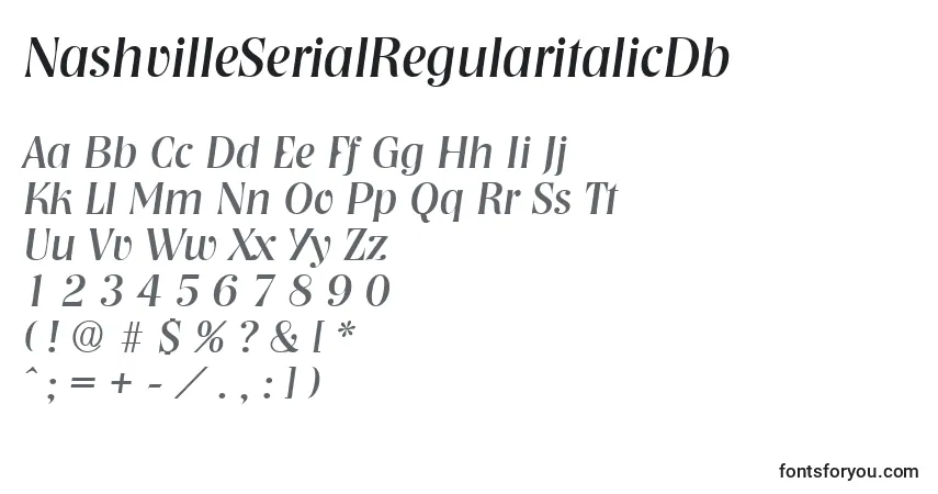 Czcionka NashvilleSerialRegularitalicDb – alfabet, cyfry, specjalne znaki