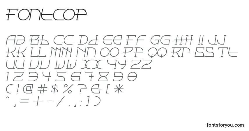 Czcionka Fontcop – alfabet, cyfry, specjalne znaki