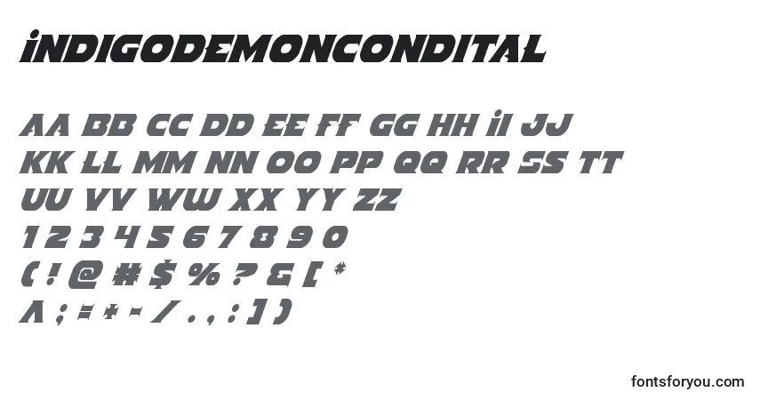 Schriftart Indigodemoncondital – Alphabet, Zahlen, spezielle Symbole