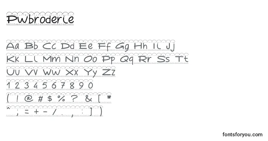 Schriftart Pwbroderie – Alphabet, Zahlen, spezielle Symbole