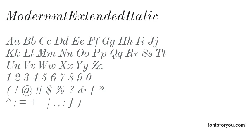 Czcionka ModernmtExtendedItalic – alfabet, cyfry, specjalne znaki
