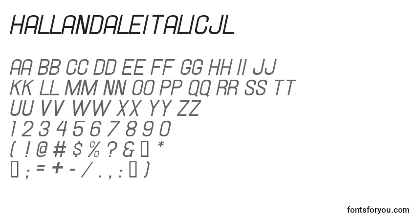 Czcionka HallandaleItalicJl – alfabet, cyfry, specjalne znaki