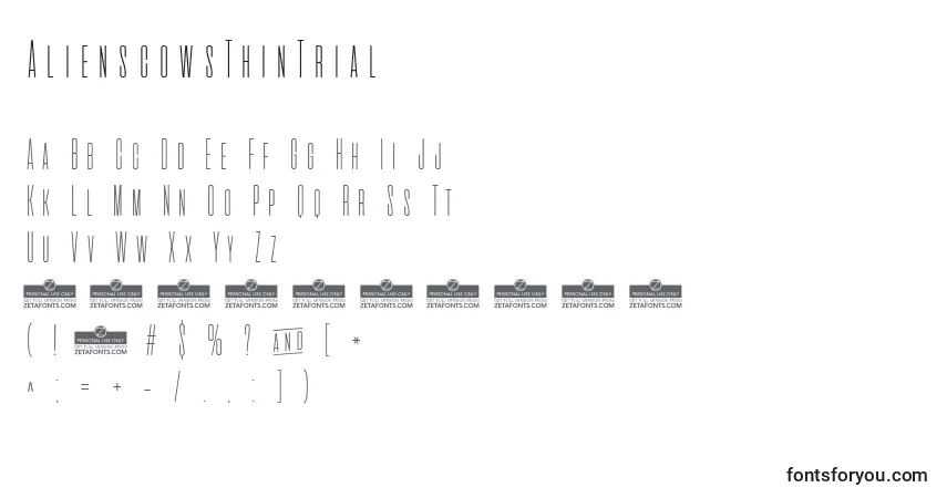 Czcionka AlienscowsThinTrial – alfabet, cyfry, specjalne znaki