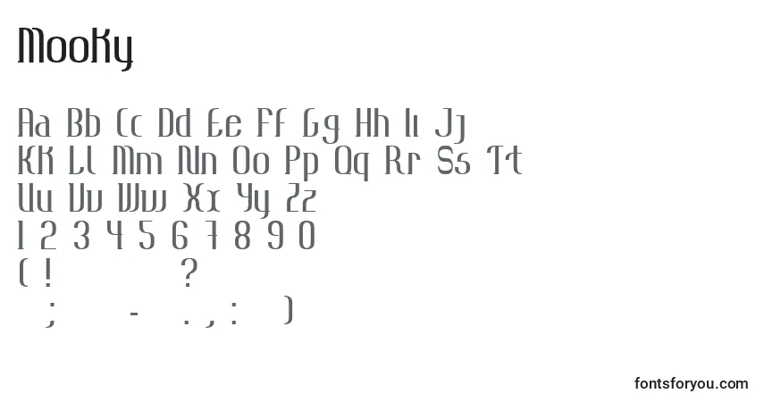Schriftart Mooky – Alphabet, Zahlen, spezielle Symbole