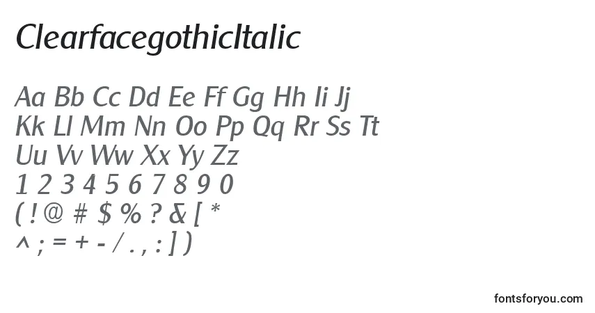 Schriftart ClearfacegothicItalic – Alphabet, Zahlen, spezielle Symbole