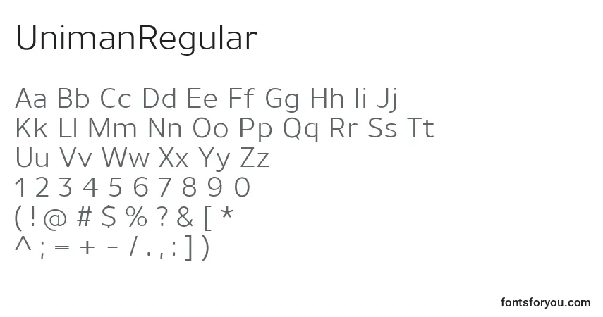 Czcionka UnimanRegular – alfabet, cyfry, specjalne znaki