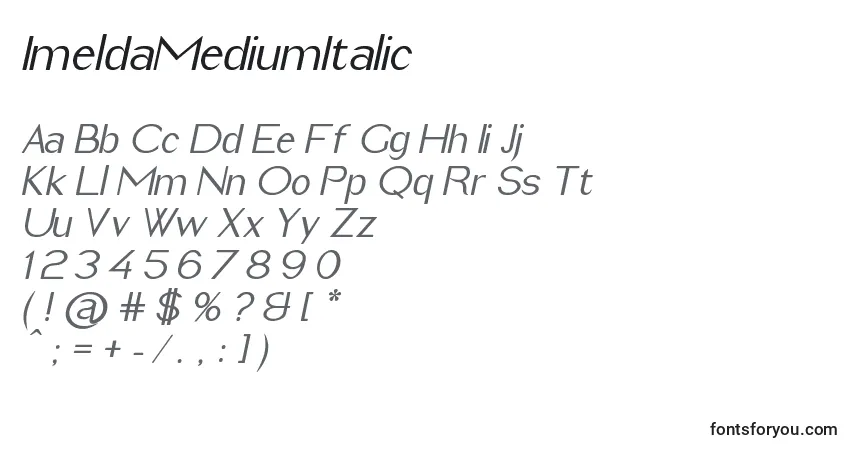 A fonte ImeldaMediumItalic – alfabeto, números, caracteres especiais