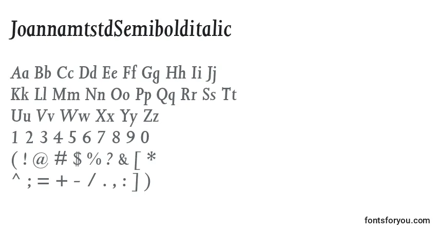 A fonte JoannamtstdSemibolditalic – alfabeto, números, caracteres especiais