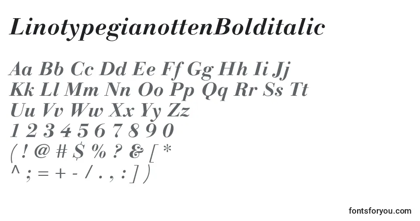 Czcionka LinotypegianottenBolditalic – alfabet, cyfry, specjalne znaki
