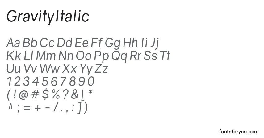 Schriftart GravityItalic – Alphabet, Zahlen, spezielle Symbole