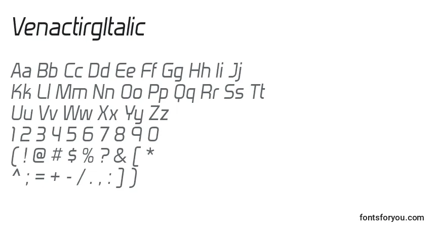 A fonte VenactirgItalic – alfabeto, números, caracteres especiais