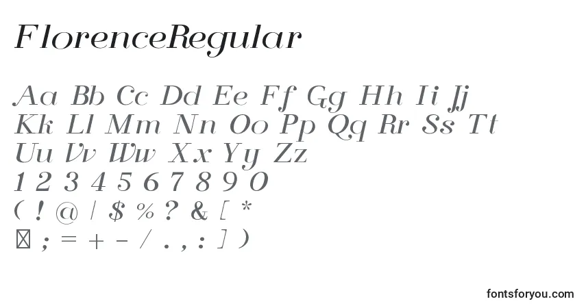 Czcionka FlorenceRegular – alfabet, cyfry, specjalne znaki