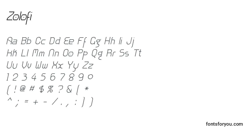 Schriftart Zolofi – Alphabet, Zahlen, spezielle Symbole
