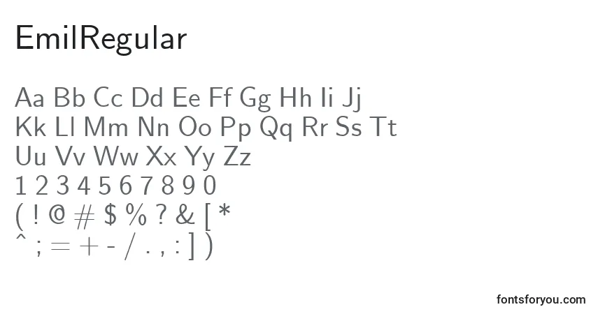 A fonte EmilRegular – alfabeto, números, caracteres especiais