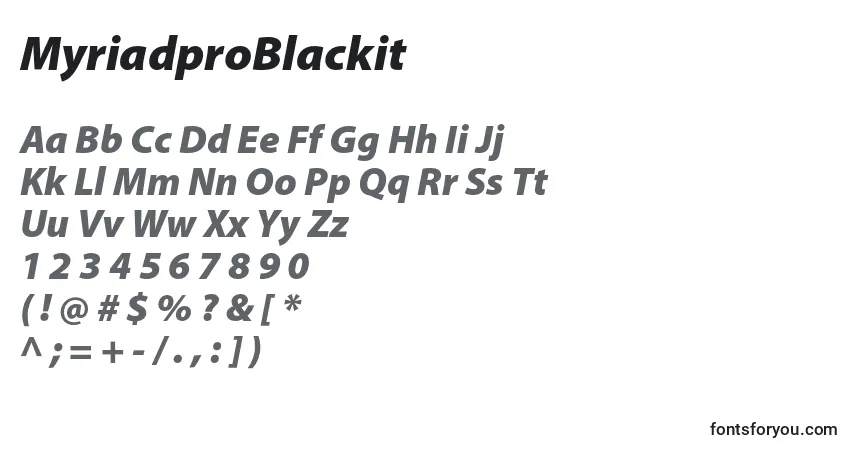 A fonte MyriadproBlackit – alfabeto, números, caracteres especiais