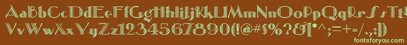 フォントMustangDeco – 緑色の文字が茶色の背景にあります。