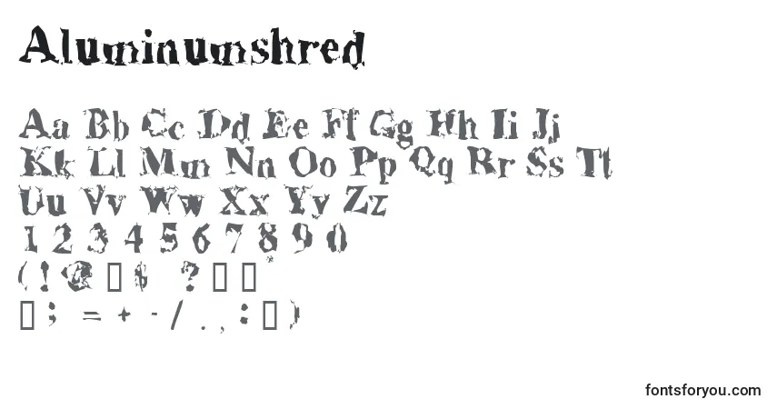 Schriftart Aluminumshred – Alphabet, Zahlen, spezielle Symbole