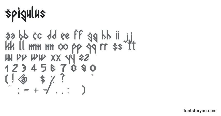 Czcionka Spigulus – alfabet, cyfry, specjalne znaki