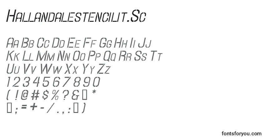 Шрифт Hallandalestencilit.Sc – алфавит, цифры, специальные символы