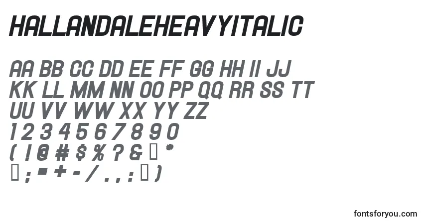 A fonte Hallandaleheavyitalic – alfabeto, números, caracteres especiais