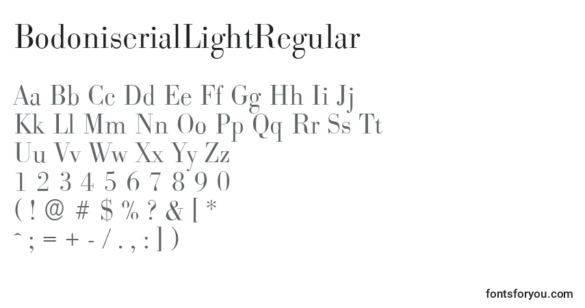 Czcionka BodoniserialLightRegular – alfabet, cyfry, specjalne znaki