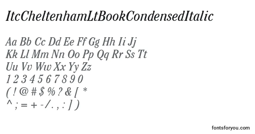 Czcionka ItcCheltenhamLtBookCondensedItalic – alfabet, cyfry, specjalne znaki
