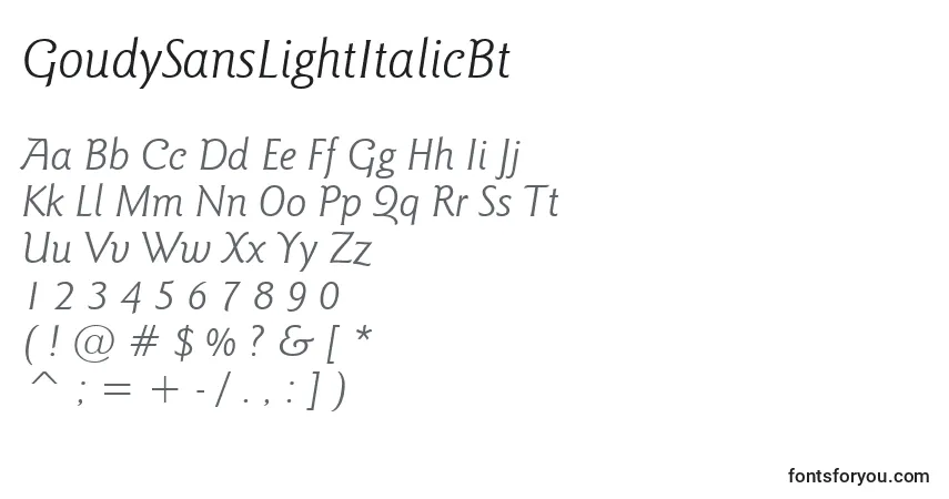 GoudySansLightItalicBt-fontti – aakkoset, numerot, erikoismerkit