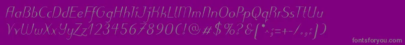 PuritasLtMediumItalic-fontti – harmaat kirjasimet violetilla taustalla