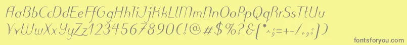 PuritasLtMediumItalic-fontti – harmaat kirjasimet keltaisella taustalla