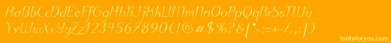 PuritasLtMediumItalic-fontti – keltaiset fontit oranssilla taustalla